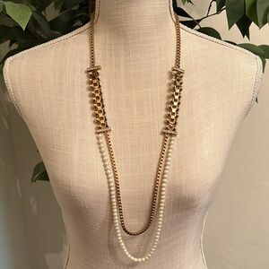 Ann Taylor Crystal and Faux Pearl Long Necklace